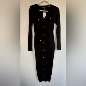 Mirol Black V-Neck Bodycon Long Knit Sweater Dress with Gold Buttons, Sz.S